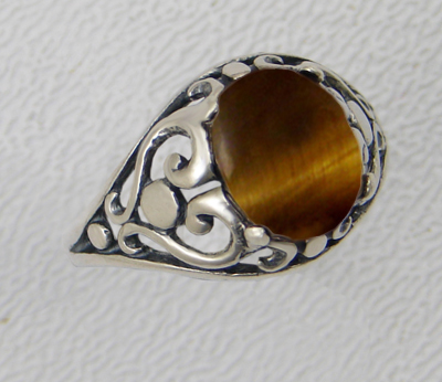 Sterling Silver Filigree Heart Ring With Tiger Eye Size 10